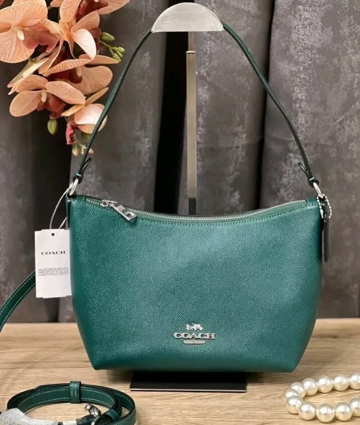 NWT Coach CW390 Zip Top Shoulder Bag In Crossgrain Leather Silver/Emerald Green