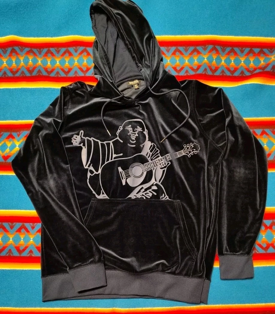 True Religion Men's Velour Classic Buddha Hoodie Sweatshirt Navy XXL, EUC READ