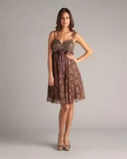 ASPEED HAND BEADED CHOCOLATE BROWN PARTY DRESS & SCARF, UK-8, US-XS