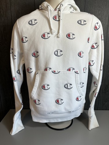 Champion Mens Sweatshirt Small White Hoodie Reverse Weave Sweater All Over Logo