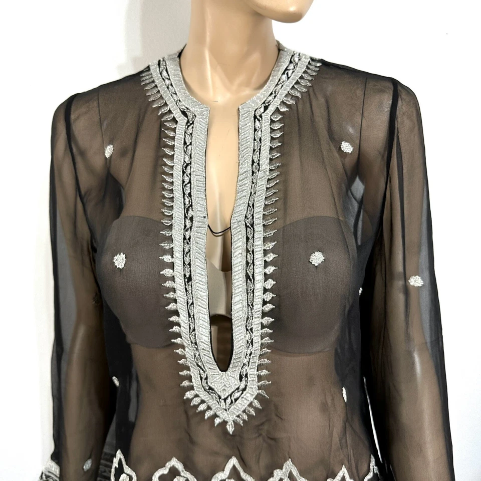 Top Marca AQUA 100% Seda Gasa Negro Transparente Plata Bordado Paisley S/M Foto 2 de 4