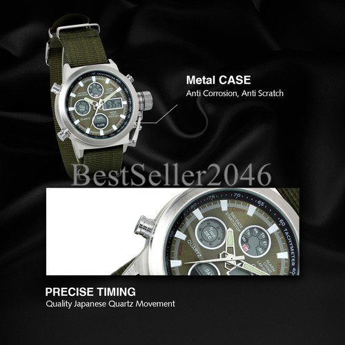 Men Military Army Green Analog Digital Quartz Nylon Canvas Wrist Watch Sport US - Picture 5 of 9