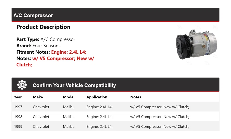 Compresor de aire acondicionado para Chevrolet Malibu 1997-1999 2,4 L L4 4 estaciones 1998 Foto 2 de 4