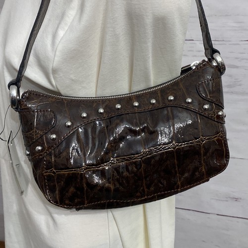 GUESS Patent Leather Croc Small Handbag Shoulder Purse DARK BROWN Logo Studs 10" - Picture 3 of 12