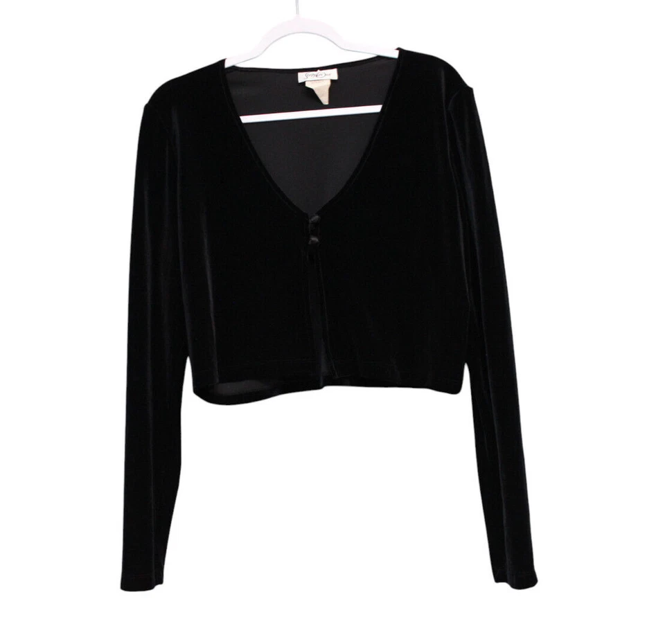 Vintage 90s Cropped Cardigan Sweater Size Large Black Velvet Witchy Goth Grunge