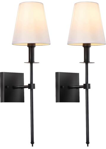 Wall Sconces Set of Two Black 2 Hardwired Wall Lights with White Fabric Shades - Picture 1 of 6