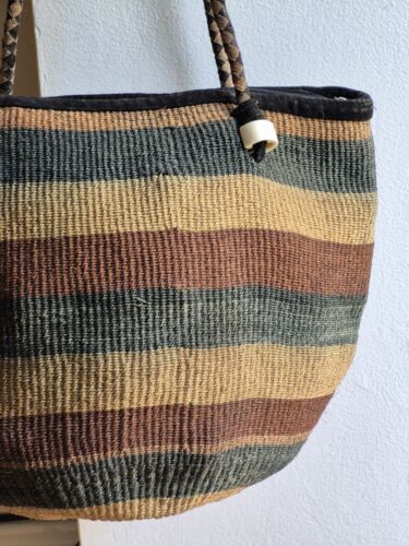 Vintage Sisal Suede Market Jute Tote Woven Raffia Basket Shopper Bag - Picture 3 of 23