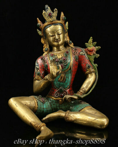 10 Zoll alte tibetische Bronze türkis Edelstein Buddhismus grüne Tara Göttin Skulptur - Bild 1 von 9