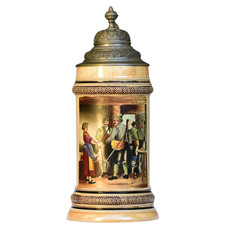 Antique German Beer Stein - Hunters | Hand-Painted * Pewter Lid * .5 L * Ca 1900