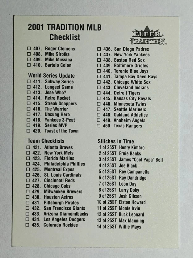 2001 Fleer Tradition Checklists #NNO 407-Inserts