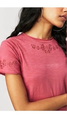 Free People Call Me Baby Eyelet SS Top Pink Berry Twist Size M boho Festival