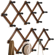 2 Pack Accordion Hat Rack - Wall Mounted Wooden Hanger with 10 Peg Hooks