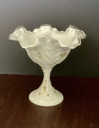 FENTON Violets in the Snow Spanish Lace  Milk Glass Compote EUC VINTAGE 6”