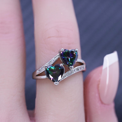 925 Sterling Silver Heart Ring With Rainbow Topaz Stone - Size 6 Love Band
