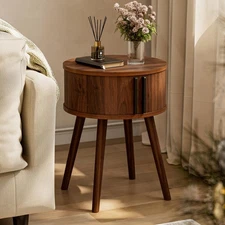 Side Table with Sliding Door & Cabinet, End Table for Living Room, Night Stan...