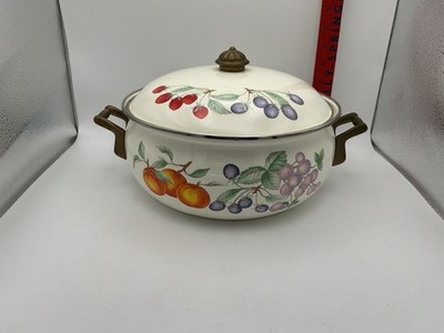 Vintage Enamelware Fruit Pattern Casserole Pot w/ Lid Retro Kitchen Decor