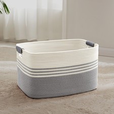 72L Large Woven Laundry Basket Hamper Leather Handles Grey Clothes Storage