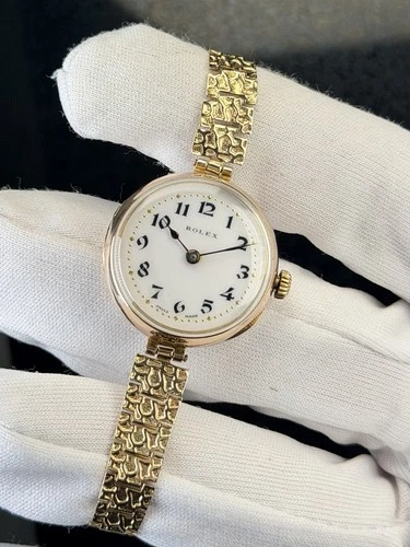 (9K Gold) Vintage Rolex Lady Art Deco Cocktail Watch 26mm Antique Bracelet