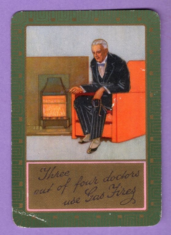 1 Single Swap Playing Card ANTIQUE WIDE MAN GAS FIRES AD FIREPLACE VINTAGE OLD