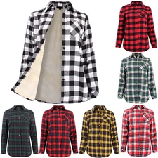 Women's Fur Lined Button Up Flannel Plaid Shirt Long Sleeve Junior Size