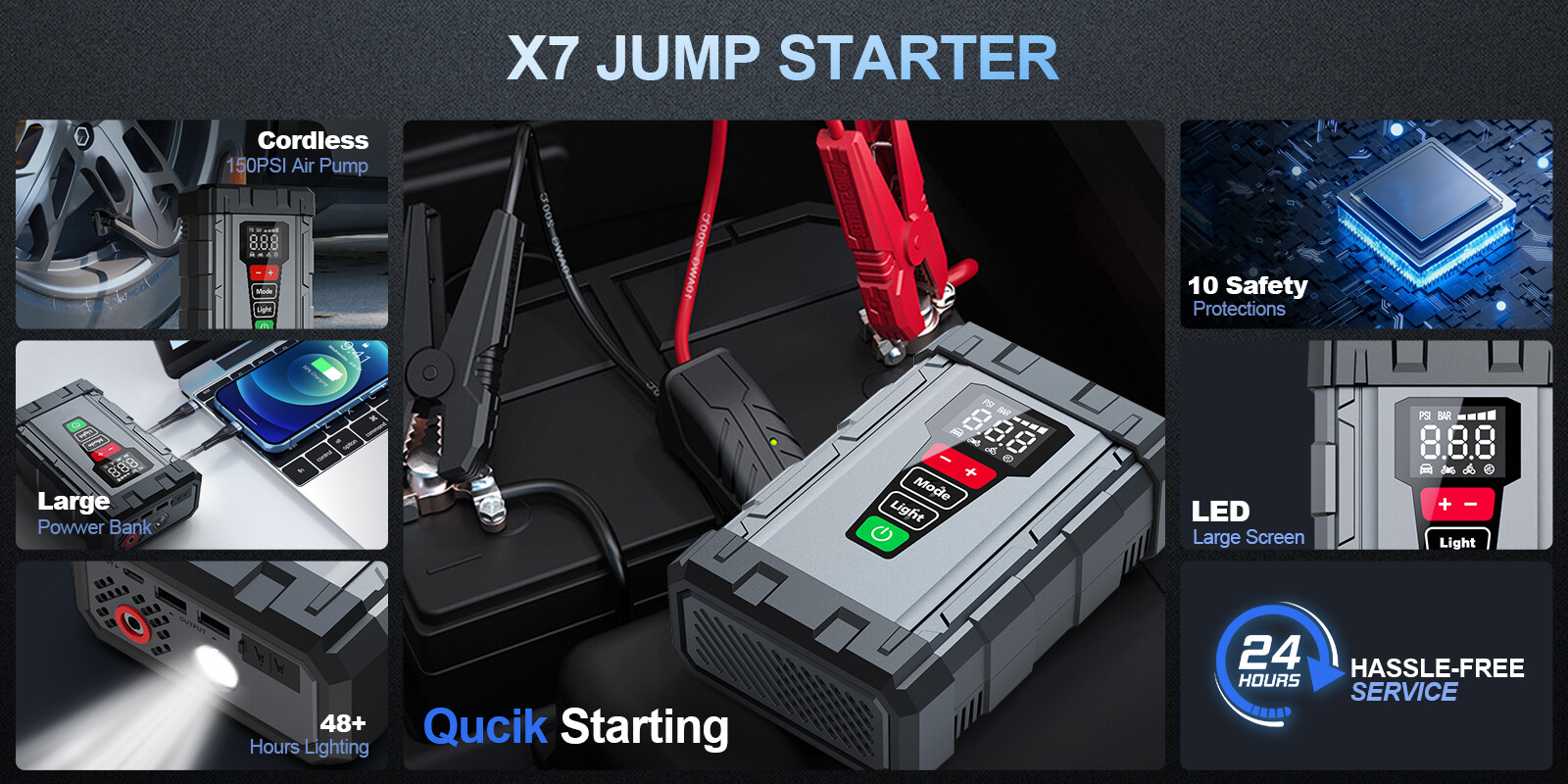 Car Jump Starter with Air Compressor 99800mAh Battery Jumper Box Charger Booster