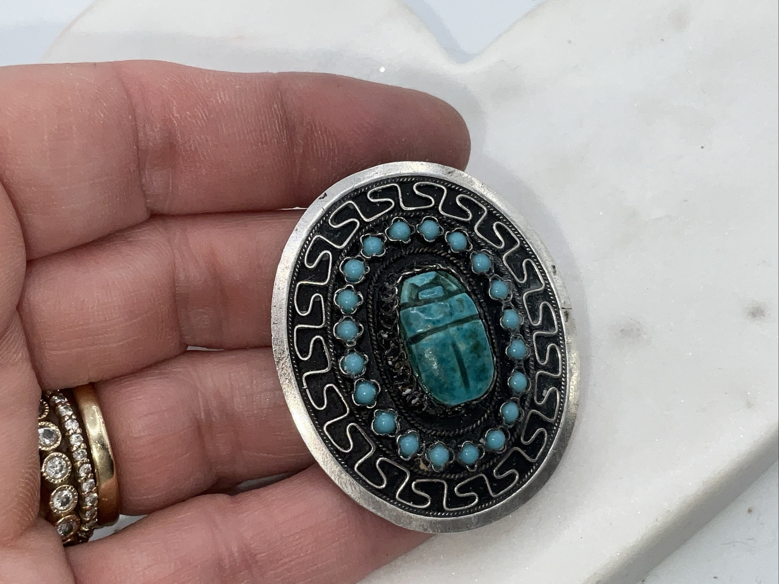Antique Solid Silver Turquoise Scarab Pendant / B… - image 3