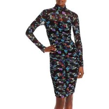 Alice + Olivia Delora Midi Dress Black Floral Ruched Bodycon Long-sleeved 4