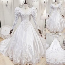 Vintage Satin Wedding Dresses Long Sleeve Beaded Sweep Train A Line Bridal Gowns