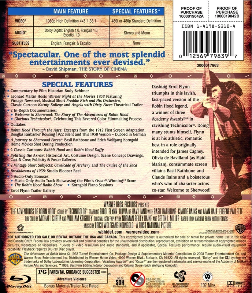 The ADVENTURES OF ROBIN HOOD (1938) - BLU-RAY (2008) ALL REGION ERROL FLYNN - image 2 of 2