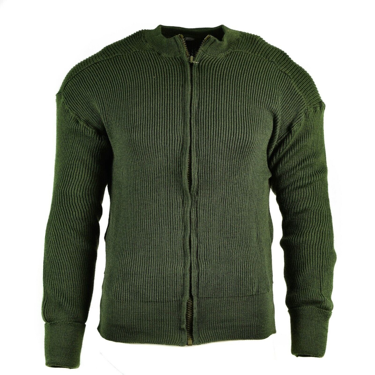Genuine Swedish army OD green wool sweater full zip cardigan LARGE