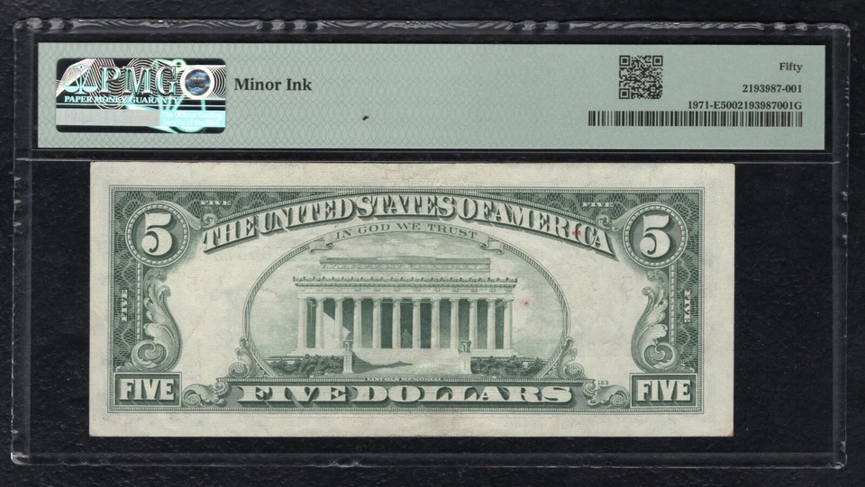 FR. 1971-E 1969-B $5 FRN “INK SMEAR ERROR” PMG ABOUT UNCIRCULATED-50 - Image 2 of 2