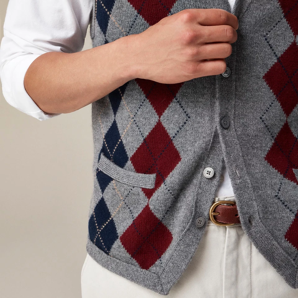 $248 J.Crew 100% Cashmere Cardigan Sweater-vest In Argyle, Gray Navy Maroon, L - Image 3 of 4