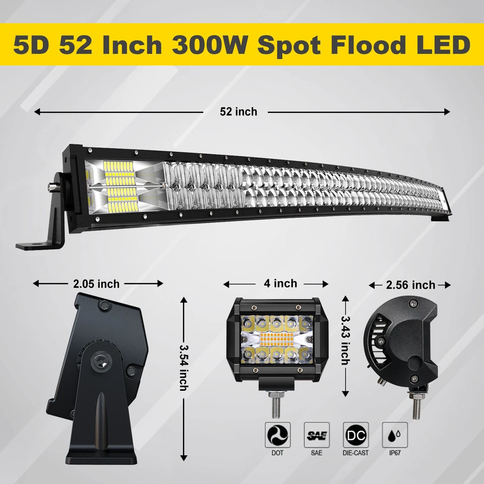 52Inch Curved LED Light Bar Combo +4" Led Pods Lamp Offroad For Ford SUV  GMC - Image 2 of 4