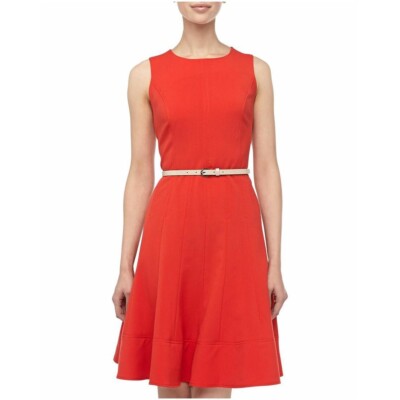 Neu Sharagano Rot Hautfarben Gürtel Stretch Designer Krepp Vielseitig Kleid US