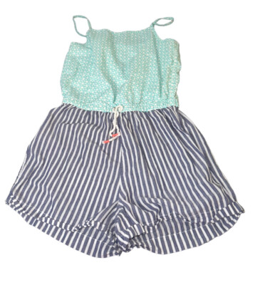 J. Crew Crewcuts Girls Spaghetti Strap Romper Size 7 Blue Turquoise Stripe
