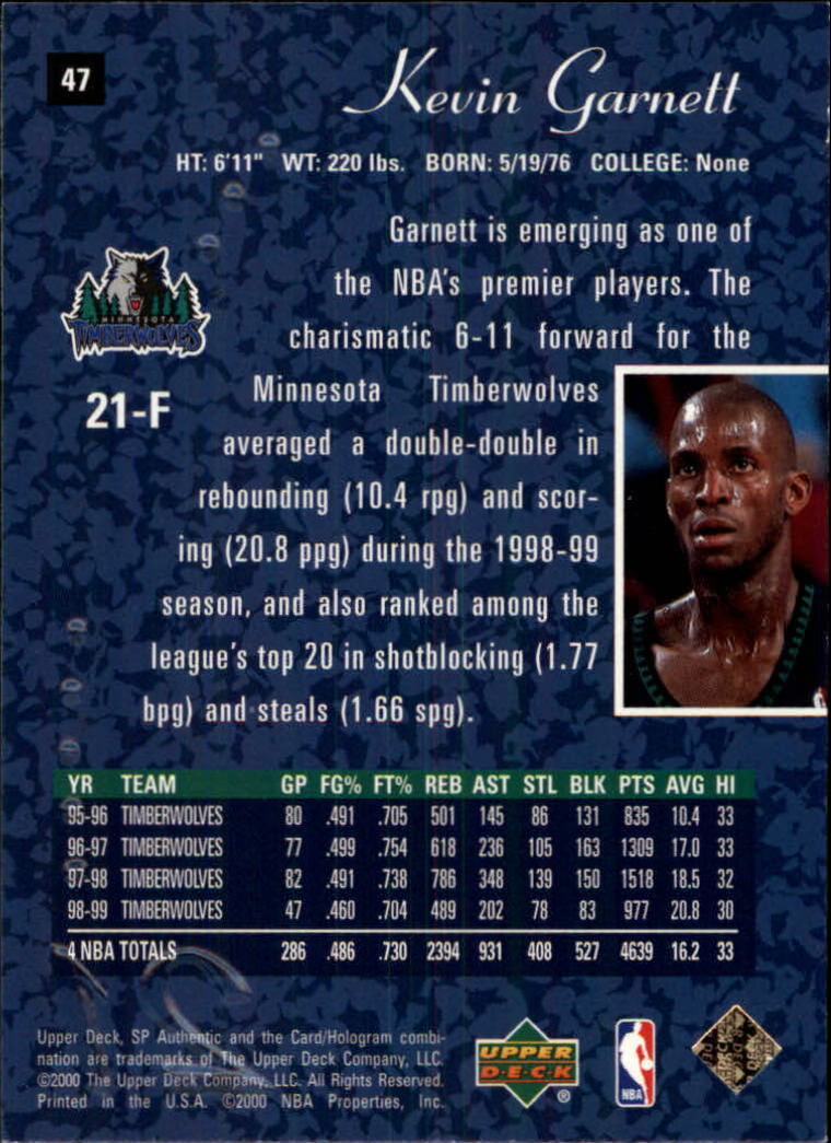 1999-00 SP Authentic #47 Kevin Garnett Card | eBay