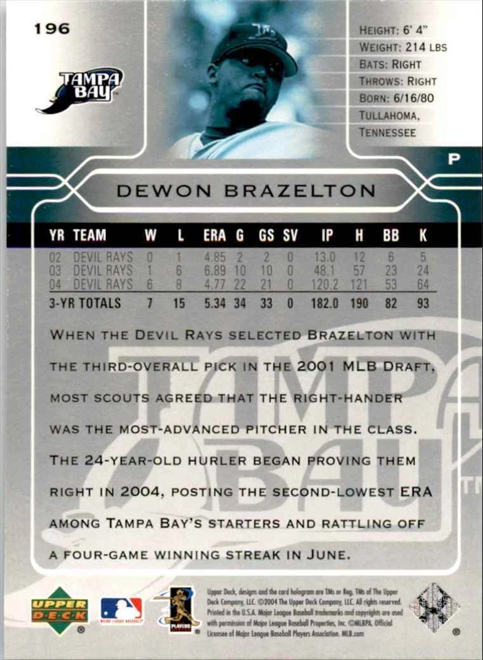 2005 Upper Deck. Dewon Brazelton . Tampa Bay Devil Rays #196 - Image 2 of 2