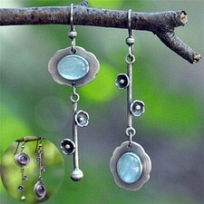 925 Silver Moonstone Drop Earrings Vintage Dangle Women Fashion Jewelry Ear Hook