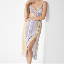 Urban Outfitters Striped Linen Midi Dress XS Button Front Rainbow Euro Vacation