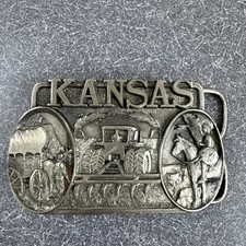 VTG Kansas Pioneers Farmers Indians C J Belt Buckle Tractor 1986 USA