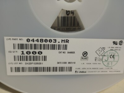 980 ct. LITTELFUSE 0448003.MR 3 Amp SMD Fuses 125V V/FA NANO2 on the Reel