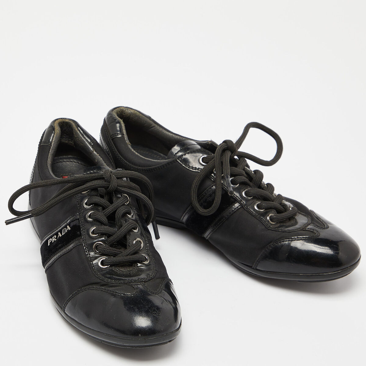 Prada Sport Black Patent Leather and Nylon Low Top Sneakers Prada Sport Black Patent Leather and Nylon Low Top Sneakers