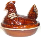Vtg HULL Pottery Hen on Nest Casserole Dish, Brown Drip Glaze Oven Proof USA