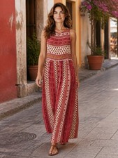 MINKPINK Boho Border Print Maxi Dress Pink Orange Pleated Side Slit Festival L