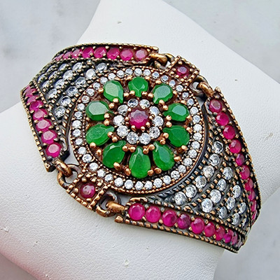 VINTAGE TÜRKISCHER STIL 925 STERLINGSILBER SMARAGD UND ROSA RUBIN ARMBAND 6,5 g