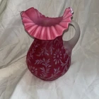 Fenton Satin Cranberry Art Glass Pitcher/Daisy Fern/Ruffle  Rim/Opalescent 9.5”
