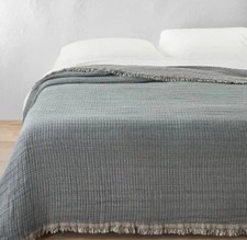 King Reversible Textured Cotton Chambray Coverlet Dark Teal Blue - Casaluna