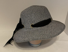 Womens Floppy Wide Brim Polyester Sun Hat Black and White with a Black Bow