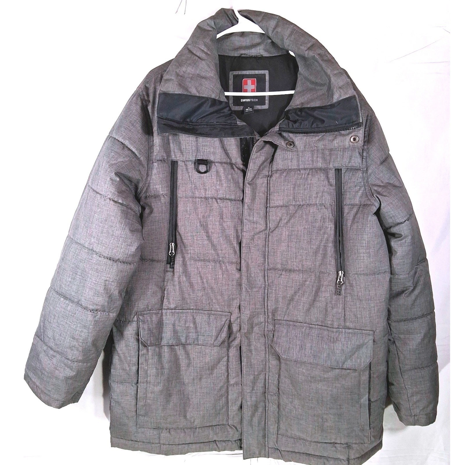 SwissTech Mens Gray Heathered Quilted Winter Puffer Jacket Coat Size Medium
