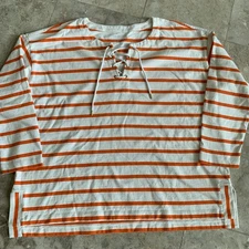 Talbots Irving Stripe Lace-up Top Cotton Ivory & Orange 3/4 Sleeves Sz Plus 3X